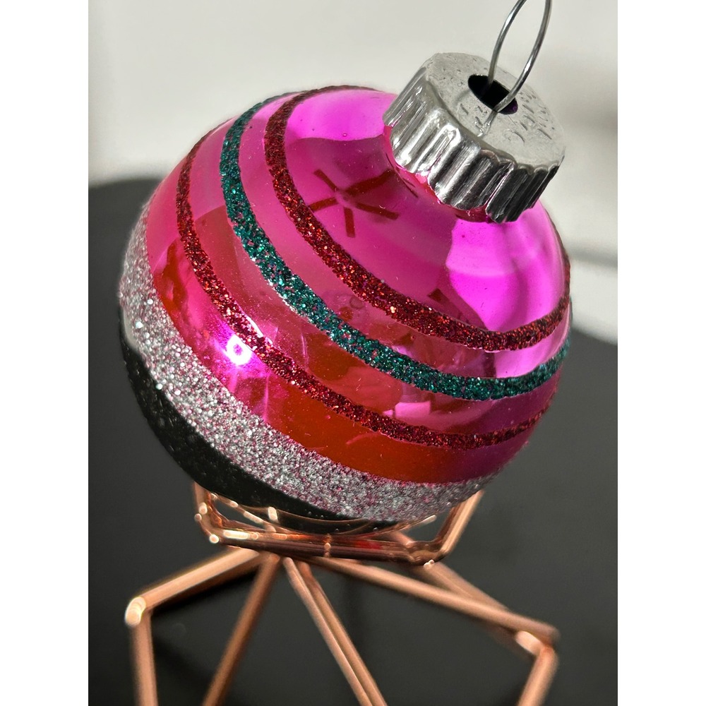 Ornament Christmas Pink Glitter Striped Glass Christopher Radko Shiny Brite 2024